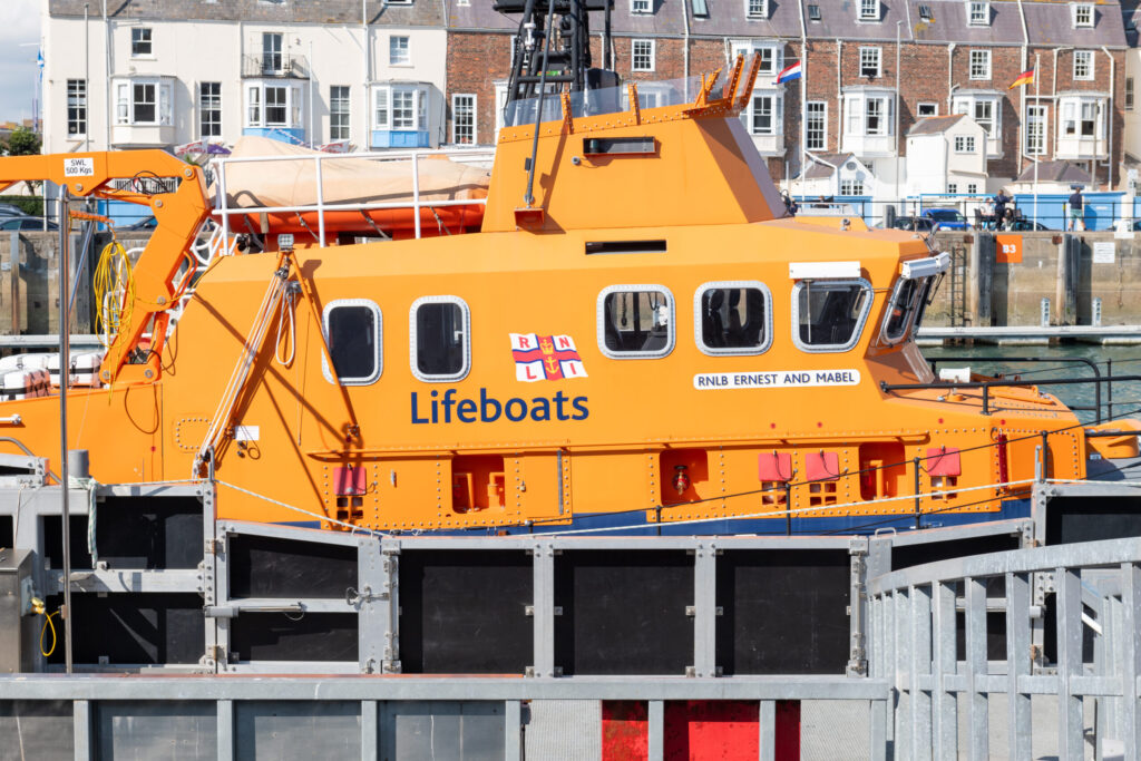 The Severn class lifeboat moored in Weymouth harbour