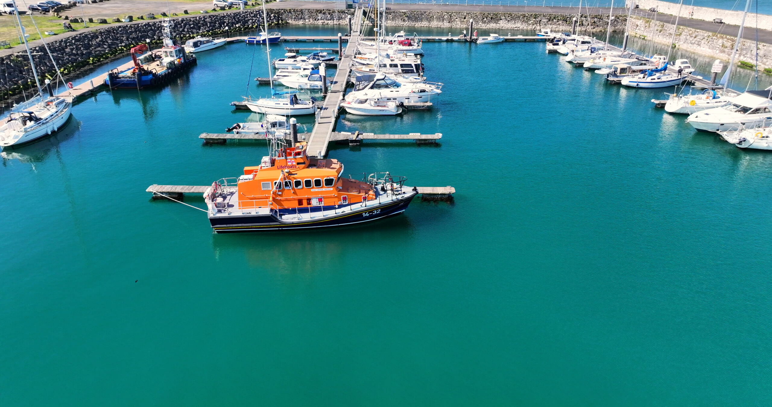 Aerial view of the RNLI Lifeboat at Glenarm Harbour and Marina County Antrim Northern Ireland