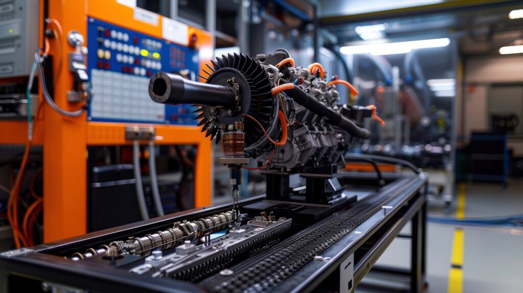 An engine dyno testing setup, with an engine connected to testing equipment